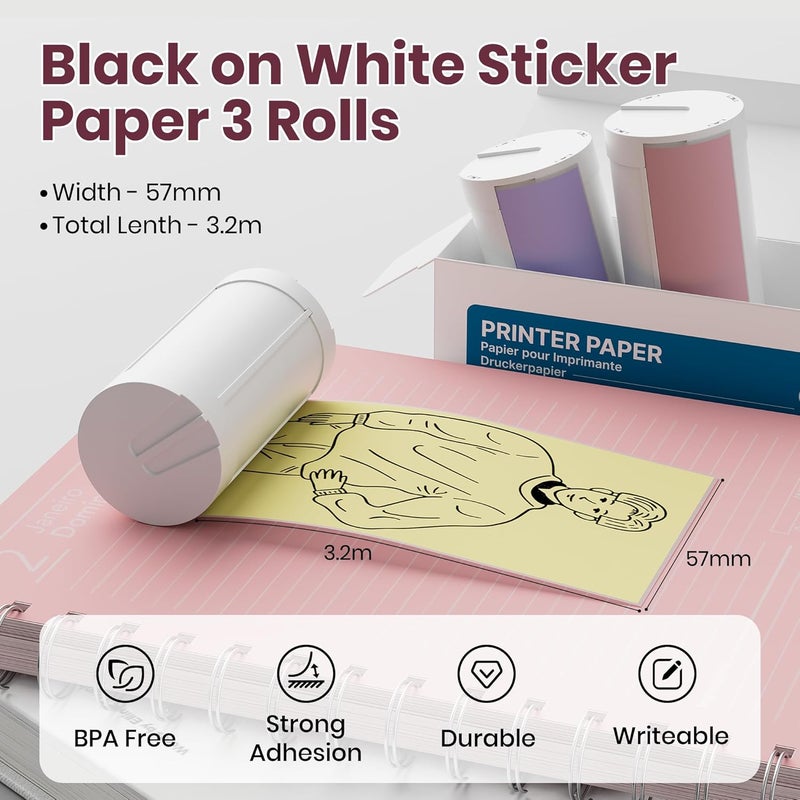ETIKEZ Genuine Self-Adhesive Thermal Printer Stickers, Compatible with PM290C Mini Sticker Printer, Black on White, 54mmx3.2m Sticker Paper for Journal, Study, Photos, 3 Rolls, Yellow/Pink/Purple - Image 2